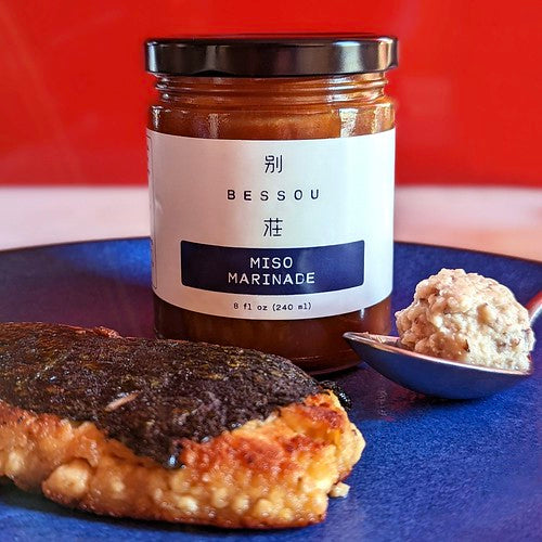 Jar of Bessou miso marinade with tofish patty