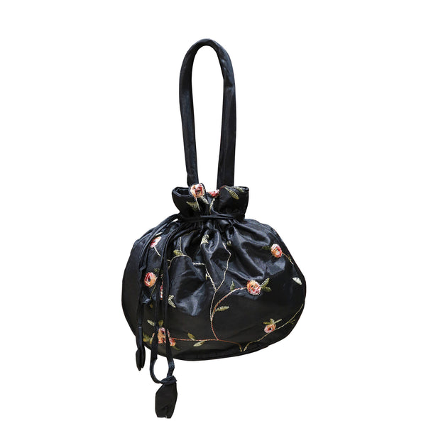 Mini Pouch with Embroidered Floral Design - Onyx