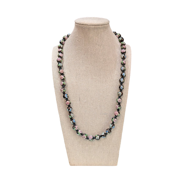 Cloisonne necklace with round black beads with lotus design 