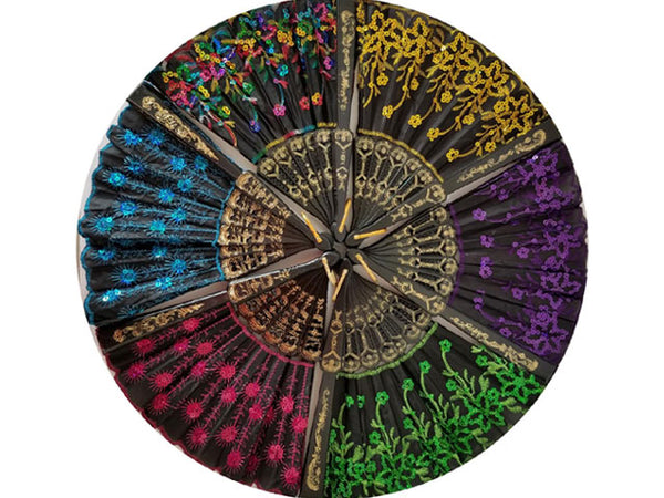 Variety of colorful sequined fans