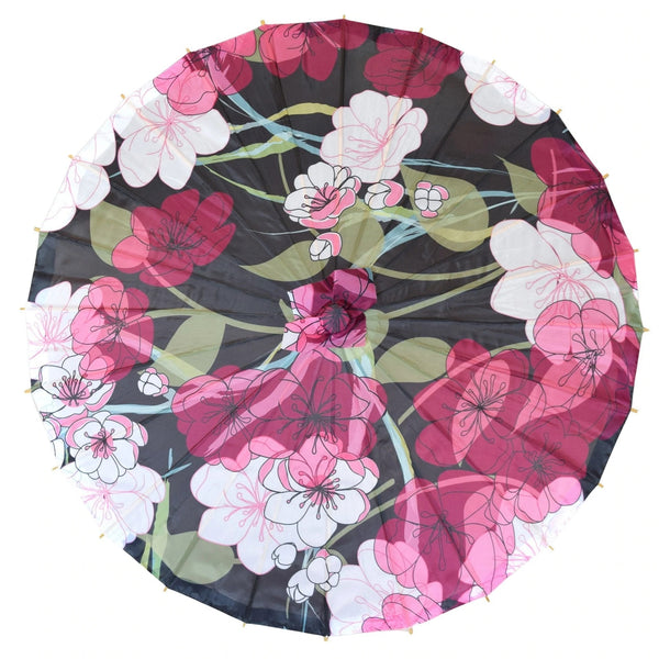 Midnight spring cherry blossom printed nylon parasol seen from birds eye view