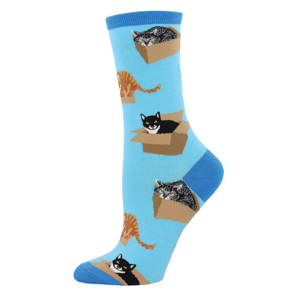 Cat in a Box Novelty Socks: Several cats of different colors in boxes on a bright blue sock. Size 9-11.