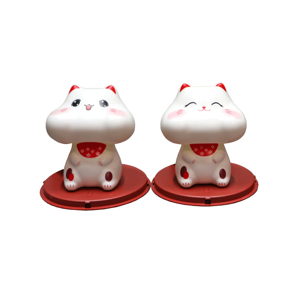 two white Lucky Cats with Chubby Cheeks, one with eyes open and one with eyes closed