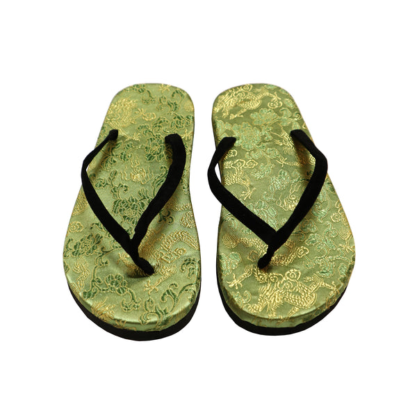 Brocade Flip-Flops - Sage with Gold Dragon and Jade Green Floral Design