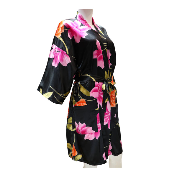 black Thigh-Length Robe Lily Print