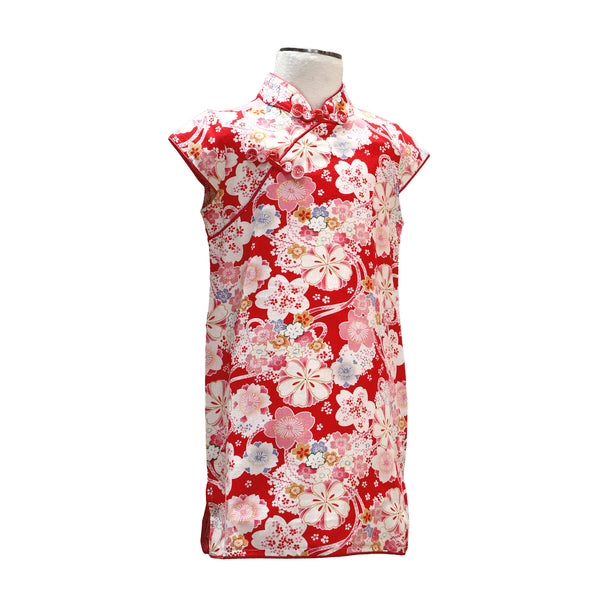 Girls Short Sleeve A-Line Qipao with Sakura Print - Red