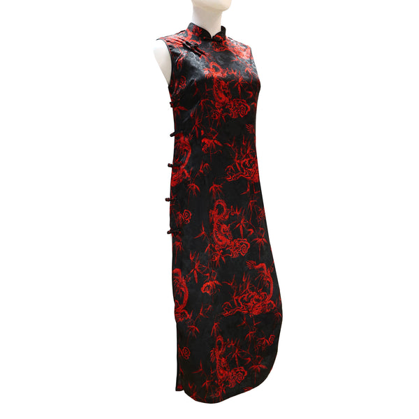 Sleeveless Qipao with Red Dragon Print - Onyx