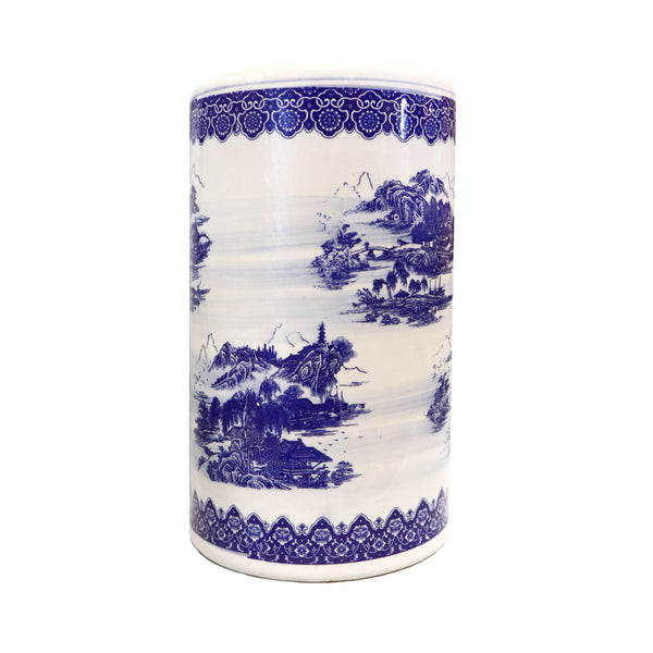 Extra-Wide Blue and White Landscape Ceramic Umbrella Stand