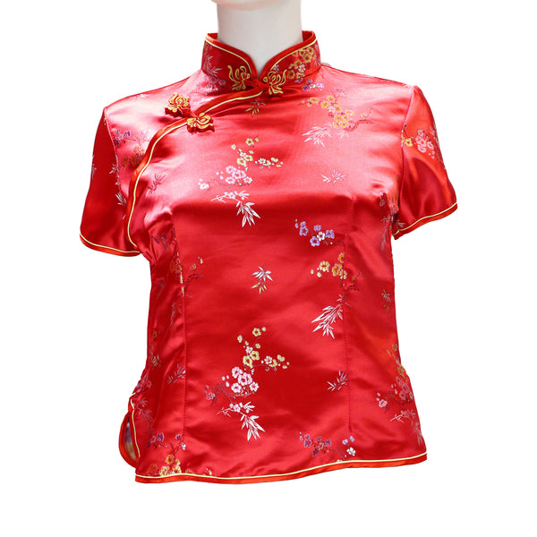 Short Sleeve Qipao Top with Gold Blossoms - Red