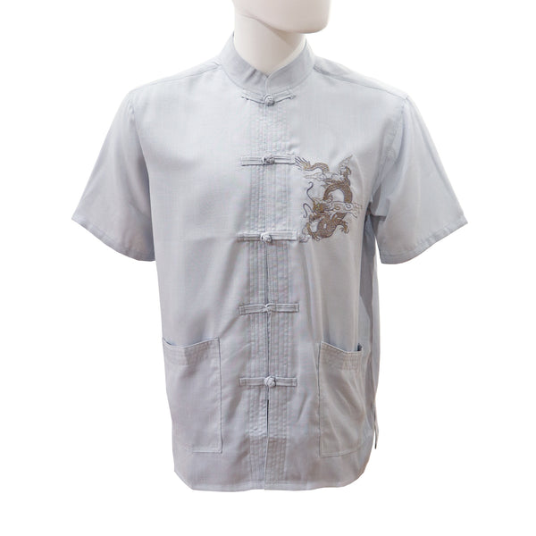 Linen Short-Sleeve Shirt with Dragon Design - Blue-Gray