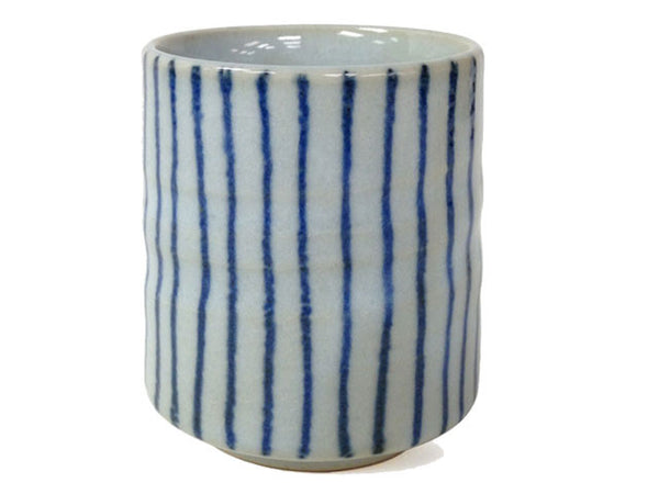 Blue stripes teacup. Elegantly fun. 7 oz. capacity x 3.5" h. Microwave/dishwasher safe. Made in Japan.