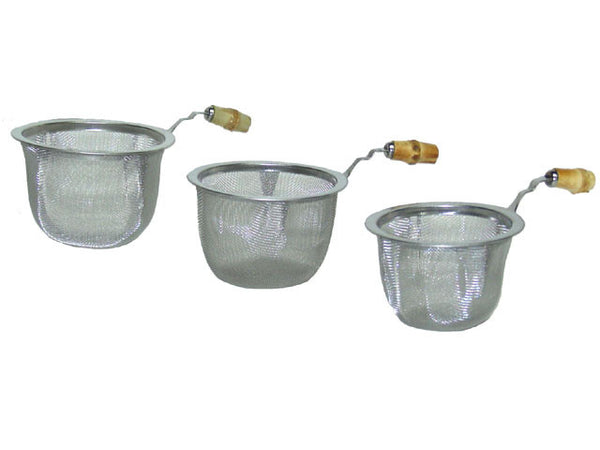 Three mesh strainers with bamboo handlers