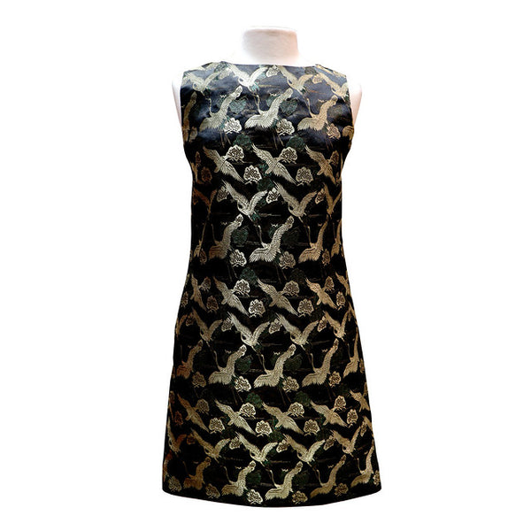 Brocade Shift Dress - Onyx Dress with Golden Cranes