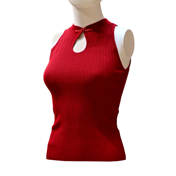 Sleeveless Qipao Top with Keyhole Neckline and Pankou Button - Red