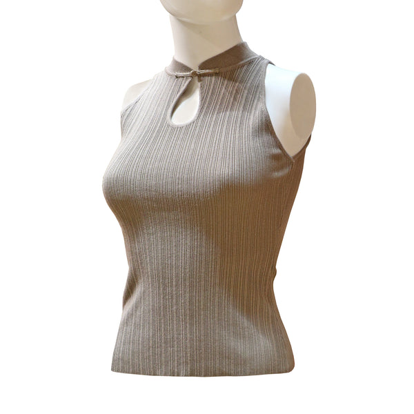 Sleeveless Qipao Top with Keyhole Neckline and Pankou Button - Taupe