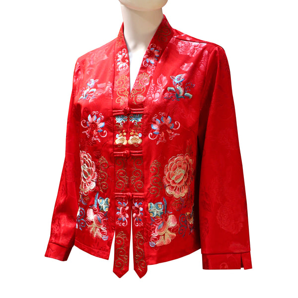 Embroidered Kimono Jacket with Floral Design - Red