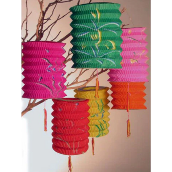 accordion festive lanterns hanging on a tree