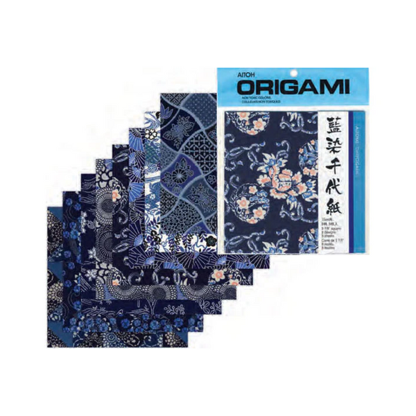 Aizome Chiyogami - Indigo Floral  Pattern Origami Paper