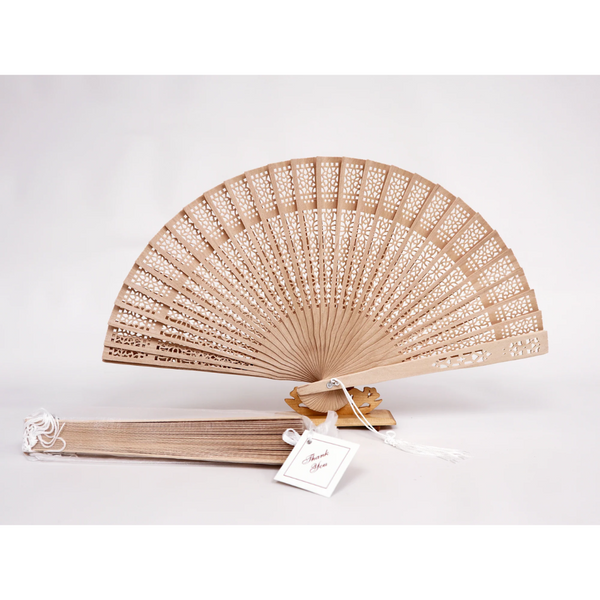 Cream colored wooden fan with organza bag