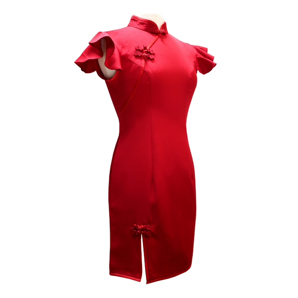 Flutter Sleeves Fitted Qipao w Front Slit - Lucky Red