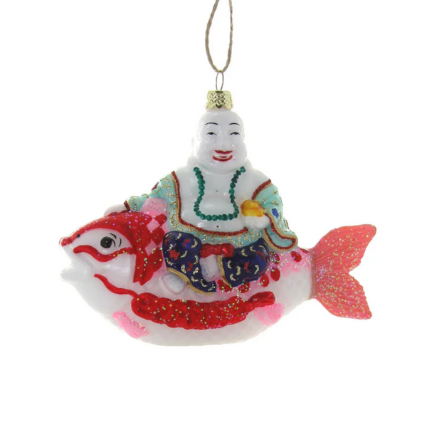 Lucky Fish Glass Ornament with Buddha sitting atop