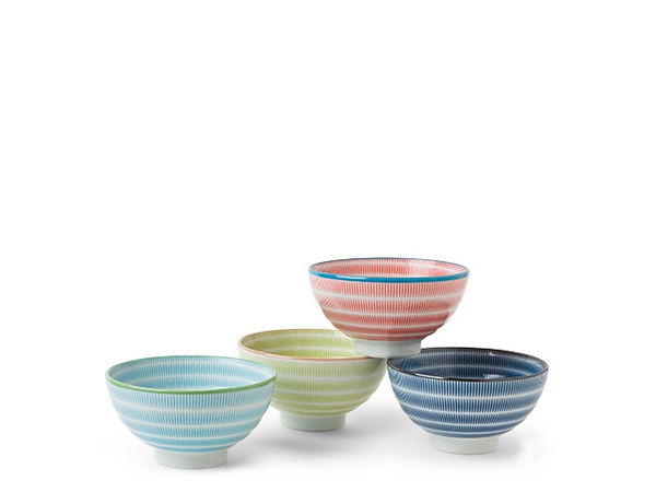 A classic blue and white pattern is refreshed with our new Sendan Colors line!  Microwave, dishwasher safe Made in Japan Ceramic Rice Bowl: 4.5" d x 2.5"h Medium Bowl: 5.75" d x 2.75"h Deep Bowl: 7.5" d x 4"h. Large Bowl: 7.75"d x 2.75" h. Plate: 9.75" d x 1.25"h Sushi Set: Plate - 8.25" x 5.25" x 1"h / Sauce dish - 3.75" diameter x 1.5"h / Chopsticks - 9" long