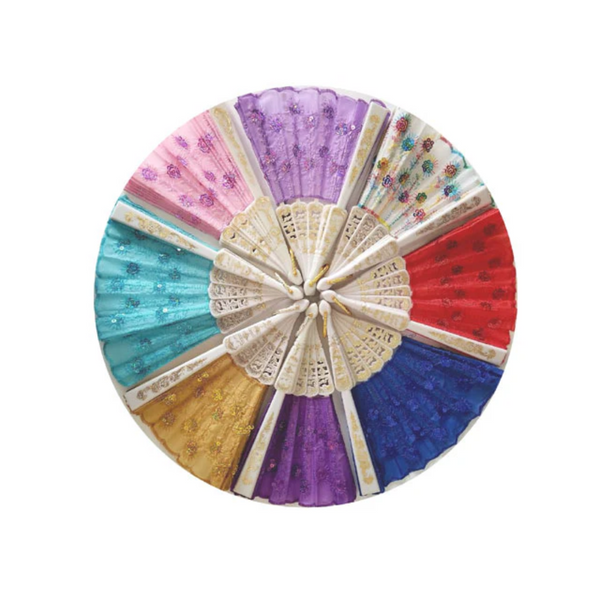 Circular display of multi-colored sequin fans