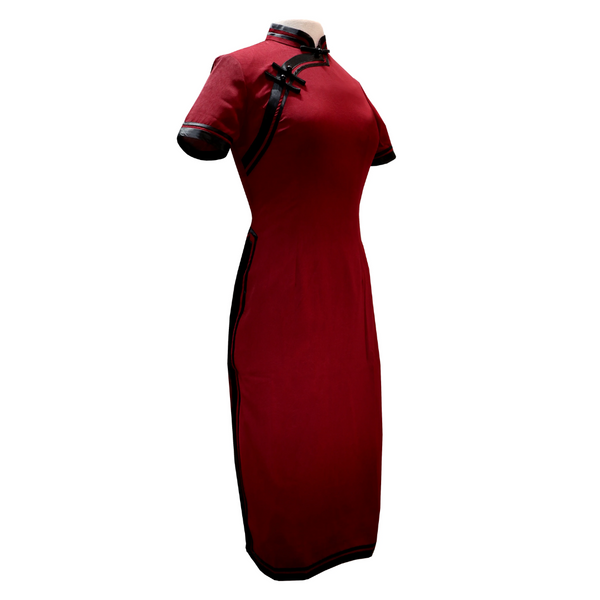 Short Sleeve Qipao - Garnet with black trim and buttons