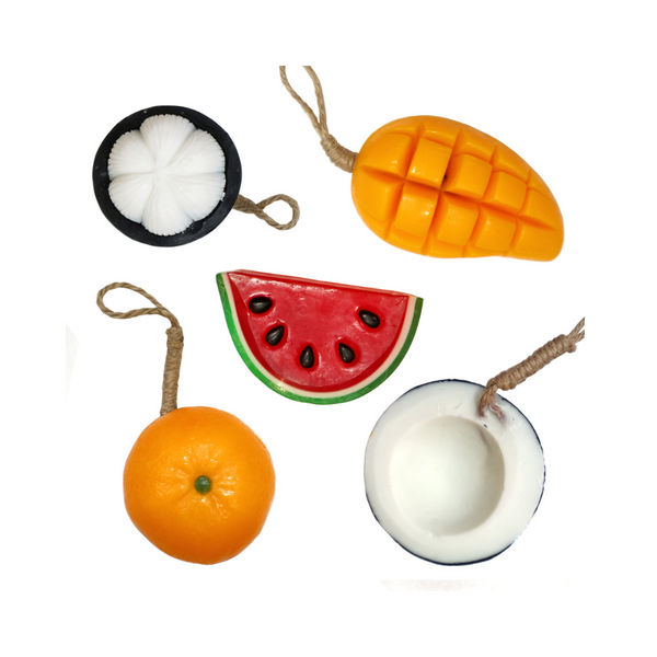 Five fruit-shaped soaps: mangosteen, mango, watermelon, orange, coconut